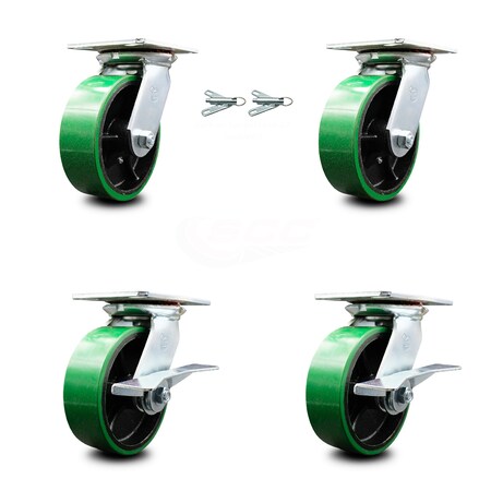 Service Caster 6 Inch Green Poly on Cast Iron Swivel Caster Swivel Locks 2 Brakes SCC, 2PK SCC-35S620-PUR-GB-BSL-2-SLB-2